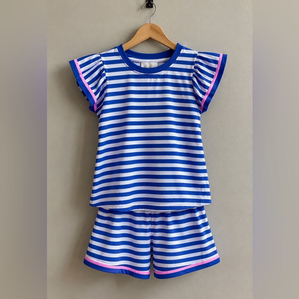 Women’s Blue & White short Set with Pink Trim